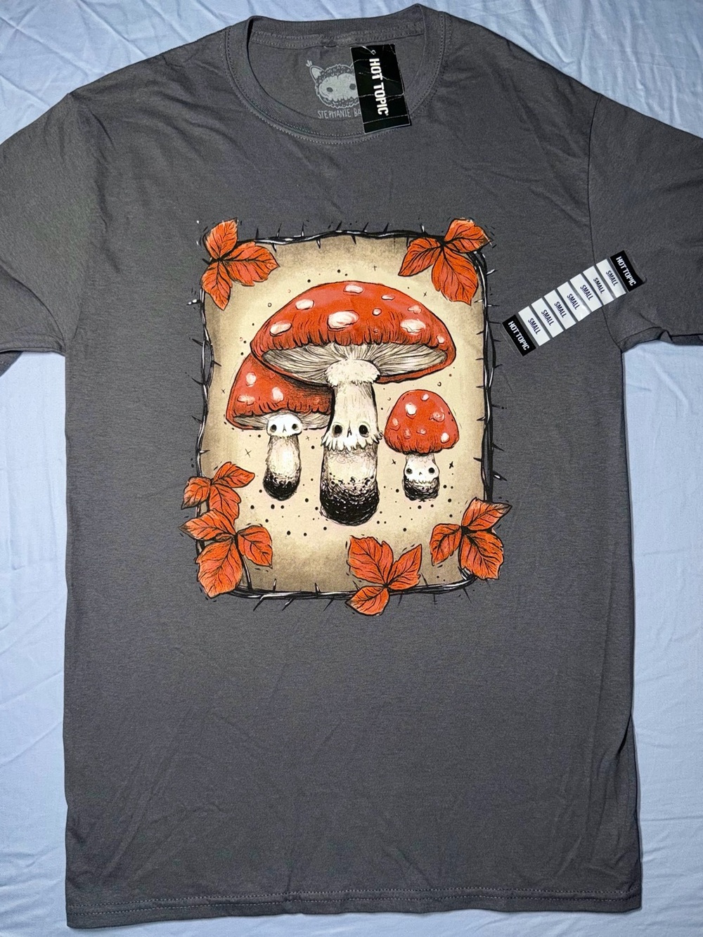 Hot Topic Gray Tee with Orange and Red Mushroom Art